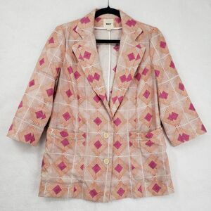 WHIT Blazer Womens Small Pink Orange Geometric Linen Silk Made in USA 3/4 Sleeve